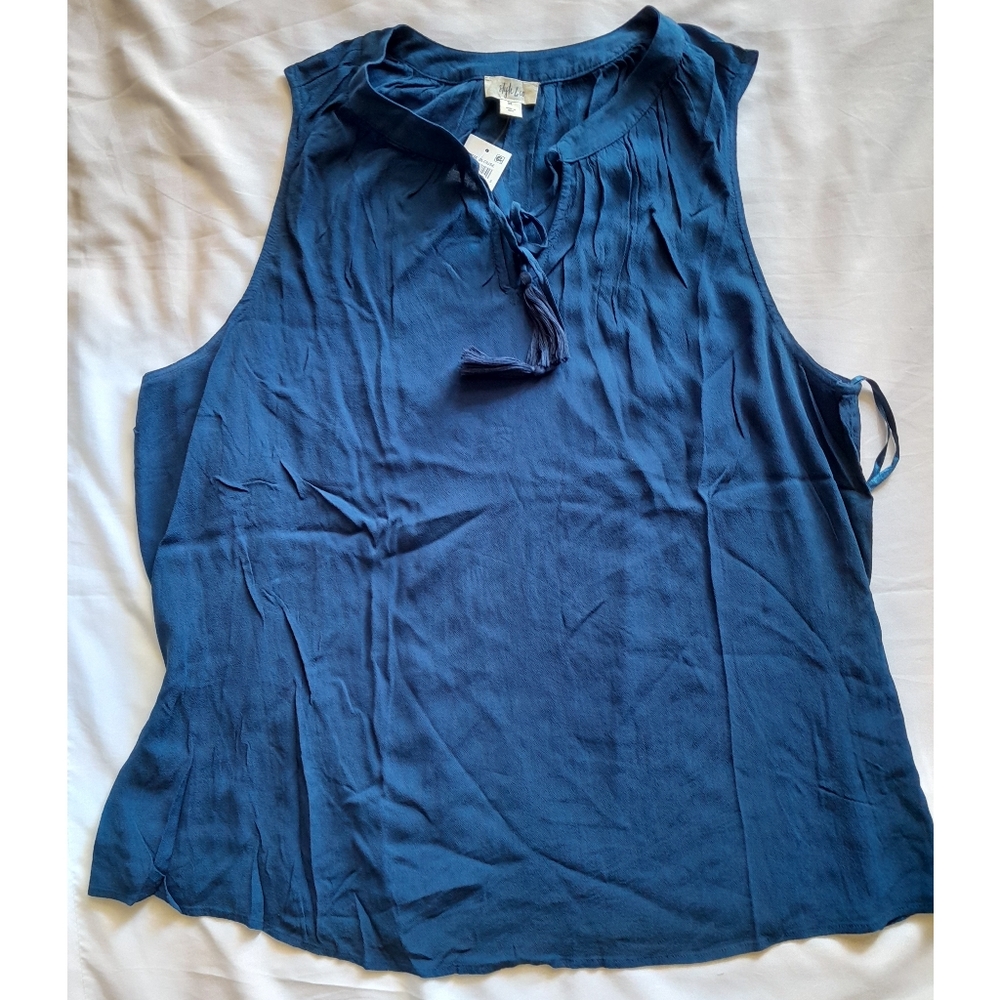 Style & Co Plus Tasseled Blouse Navy Peony Blue Sleeveless Top Size 3X